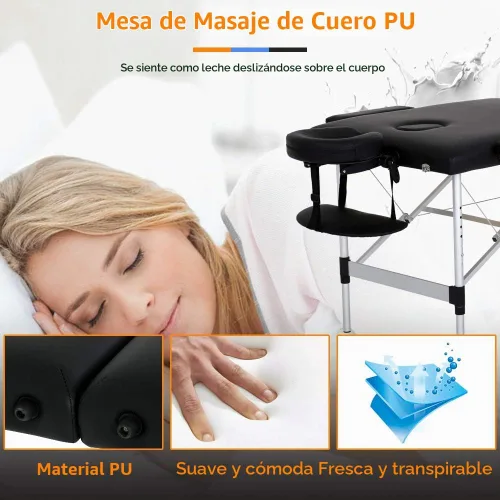 Vista 2 de Dkeli Mesa de masaje plegable de 73 pulgadas, cama de masaje portátil ajustable de 2 pliegues con patas de aluminio, base facial, funda de Negro