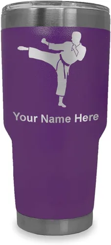 Vista 24 de LaserGram Vaso aislado al vacío de 20 onzas, Karate Man, grabado personalizado incluido (negro) Engraved Gift, Vacuum Insulated Stainless Steel