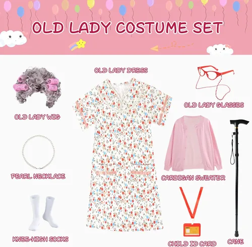 Vista 2 de FAYBOX 9 pcs Old Lady Costume for Kids,Old Lady Wig 100 Days of School Costume for Girls,Halloween Granny Grandma Dress Up