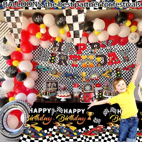 Vista 6 de Las decoraciones de fiesta de cumpleaños de coche de carreras incluyen platos, servilletas, tazas, tenedores, cuchillos, cucharas, pancartas