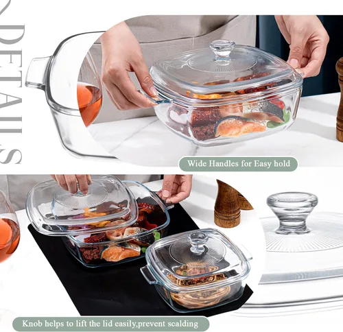 Vista 3 de Teenyyou Cacerola de vidrio con tapa de 1.5 L/0.8 l con guantes de hornear y alfombrilla de silicona resistente al calor, cuencos para microondas