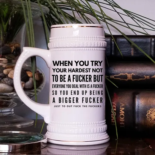 Vista 3 de Taza de cerveza inapropiada con refranes divertidos Fucker Mature Office Gag Jokes para compañeros de trabajo o amigos, humor grosero para adultos