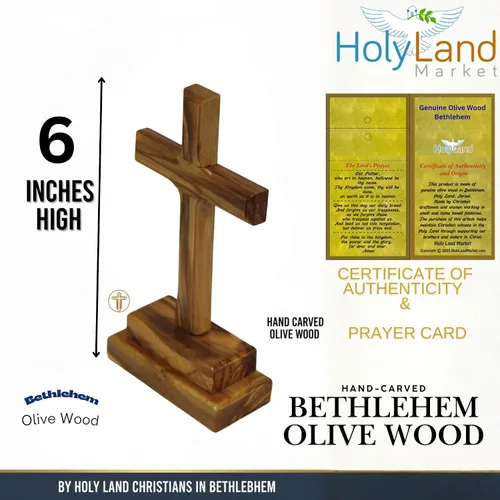 Vista 6 de Holy Land Market Cruz de altar de pie de madera de olivo de 6 pulgadas, tallada a mano en Belén por artesanos cristianos, crucifijo de mesa