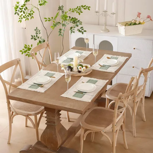 Vista 2 de Juego de 4 manteles individuales verdes de macramé para decoración de mesa con flecos, manteles individuales tejidos de arpillera natural para mesa