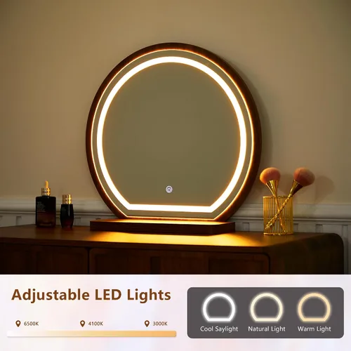 Vista 4 de ORRD Escritorio de tocador con espejo y luces, moderno panel de madera ondulada, juego de escritorio de maquillaje con cajones y gabinete, tocador