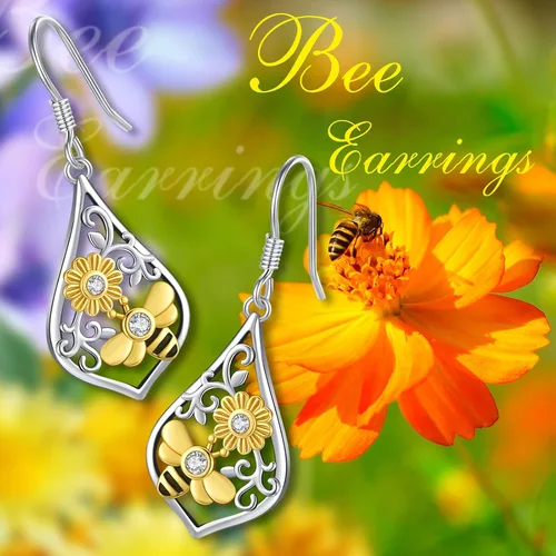 Vista 178 de Aretes colgantes de plata de ley con diseño de árbol de la vida, flor, abeja, animales, gato, colibrí, piedra lunar, turquesa, aretes con cierre