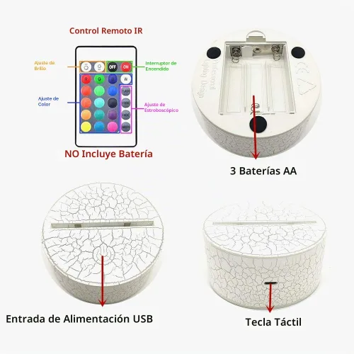 Vista 5 de Luz nocturna de ilusión óptica 3D, lámpara de escritorio LED creativa visual con control táctil y control remoto, 16 colores regulables, cambio
