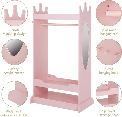 Vista 5 de UTEX Almacenamiento de Disfraces para Niños con Espejo, Guardarropa de Disfraces para Niños, Armario Colgante Abierto, Closet de Almacenamiento