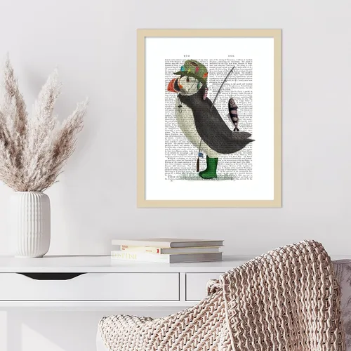 Vista 4 de Amanti Art Framed Wall Art Print 21x17 Puffin Fishing by Fab Funky, Animals Wall Art, Whimsical Decor, Small Poster Painting Artwork for Living
