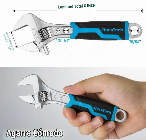 Vista 5 de DURATECH Llave ajustable de 6 pulgadas, llave 3 en 1 Extremo de caja, función hexagonal, acero CR-V, básculas métricas y SAE, cromado, agarre