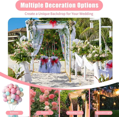 Vista 6 de Arco cuadrado decorativo de boda de 3.7 ft x 5.9 ft con bases, soporte de fondo de cabina de fotos de metal de doble tubo dorado para boda
