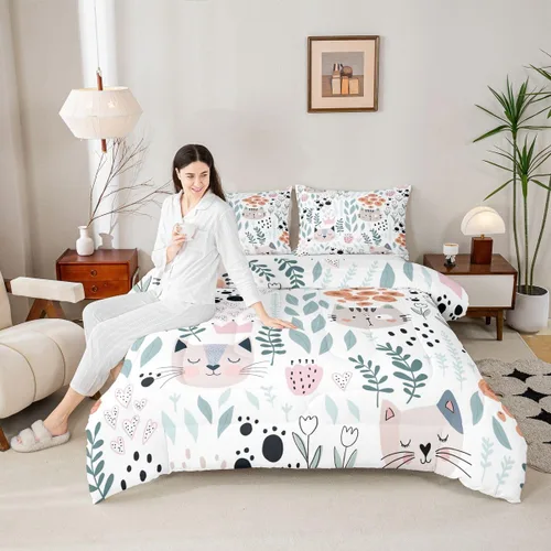 Vista 4 de Juego de ropa de cama tamaño individual para niñas y niños, juego de edredón de dibujos animados de animales y gatos, decoración de habitación