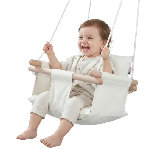 Vista 13 de CaTeam - Columpio de lona para bebé, silla colgante de madera con cinturón de seguridad, silla de columpio para bebé duradera, columpio