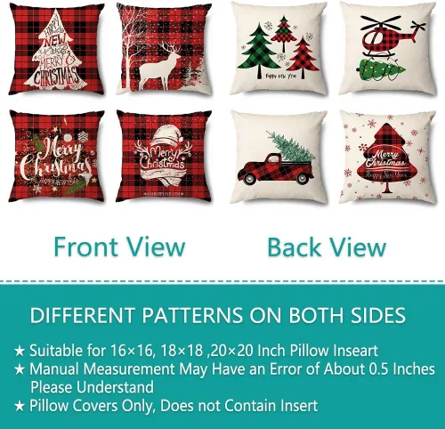 Vista 2 de Juego de 4 fundas de almohada navideñas a cuadros de búfalo de 18 x 18 pulgadas, decoración de almohada de lino y algodón rojo beige para decoración