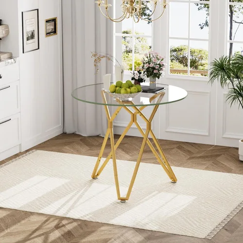 Vista 5 de Mesa de comedor redonda de 35.4 pulgadas para 4, moderna mesa de cocina de vidrio transparente para 4 personas con patas de metal dorado, mesas