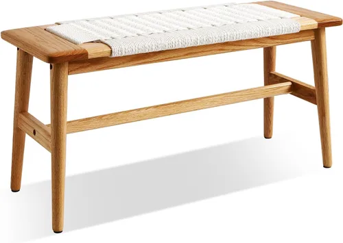 Vista 9 de Banco 100% de madera de roble macizo, diseño tejido a mano, construcción sólida de mortaja y espiga, estructura sólida de patas de silla, bancos