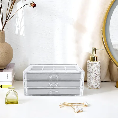 Vista 8 de ProCase Juego de 3 bandejas apilables para joyas con caja organizadora de joyas transparente con 3 cajones