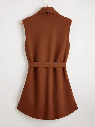 Vista 2 de SOLY HUX Chaqueta tipo cárdigan sin mangas con solapa y cinturón para mujer, talla grande
