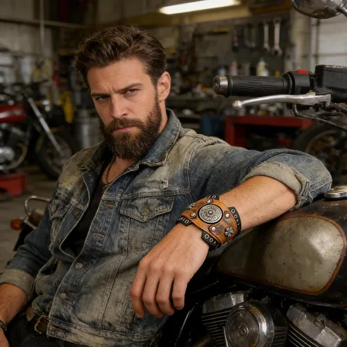 Vista 3 de HZMAN Pulseras de Cuero Retro para Hombre Pulsera de Puño de Cuero Ajustable Pulsera Ancha de Muñeca Regalo de Joyería