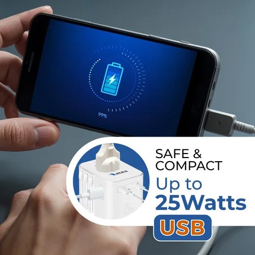 Vista 8 de OREI Adaptador de enchufe World Travel – 2 USB + 1 tomacorrientes universales – Ranuras para Europa, Asia, China, Japón, África – Perfecto