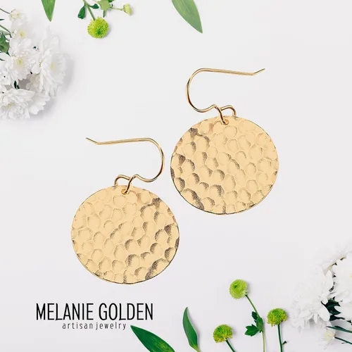 Vista 17 de Aretes colgantes grandes con disco circular martillado en plata, oro u oro rosa