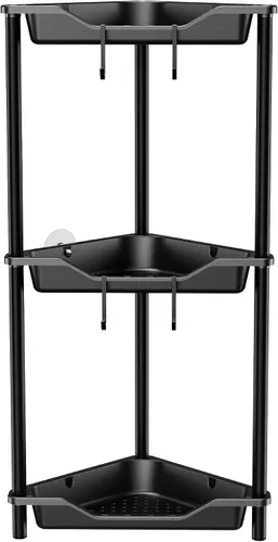 Vista 9 de Orimade Organizador de ducha esquinero de 2 niveles resistente a la oxidación, estante de esquina de piso de metal y plástico para baño, negro