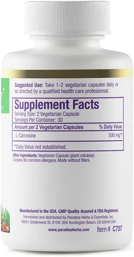 Vista 7 de Paradise Herbs L-Carnosina Vegana Sin OMG Sin Gluten 60 Cápsulas