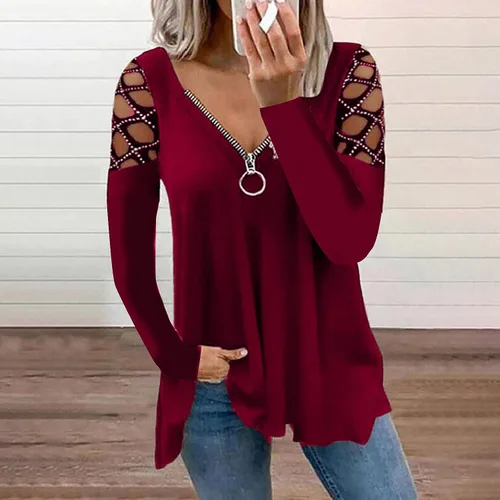 Vista 2 de Camisetas de manga corta sexy con hombros descubiertos para mujer, tallas grandes, túnicas de encaje, cuello en V, blusas casuales con cremallera