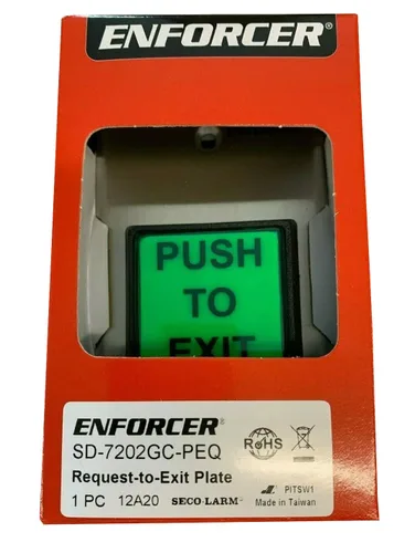 Vista 2 de Seco-Larm SD-7202GC-PEQ ENFORCER - Placa de pared con iluminación LED RTE con botón verde grande, botón grande iluminado con leyenda "PUSH TO EXIT