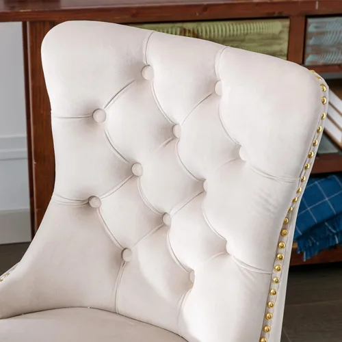 Vista 7 de Silla de escritorio de terciopelo, silla de tocador de altura ajustable con ruedas, cómoda silla de escritorio con respaldo de ala, ribete