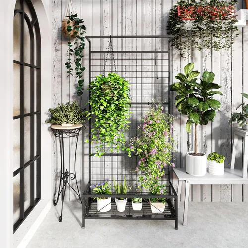 Vista 5 de Outsunny Soporte alto para plantas con enrejado y barra para colgar, soporte de metal para plantas trepadoras, flores, uso en interiores y Negro