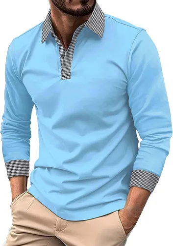 Vista 24 de Polo de manga larga para hombre, diseño casual de algodón con bolsillo, cuello clásico con botón para golf
