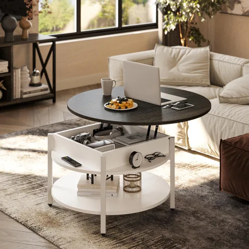 Vista 2 de FABATO Mesa de Centro Redonda con Tapa Elevable con Almacenamiento y Compartimento Oculto, 26.77'' Mesa de Centro Estilo Granja para Sala de Estar