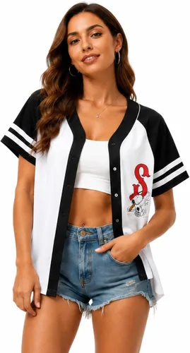 Vista 8 de Womens Baseball Jersey - Short Sleeve Button Down Graphic Tees for Women Béisbol Minnie Negro
