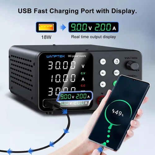Vista 5 de Fuente de alimentación DC variable, fuentes de alimentación de banco ajustables y reguladas de 30 V 10 A con ajuste de memoria/tecla de Negro