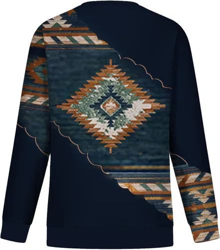 Vista 5 de Sudadera de manga larga con cuello redondo para mujer, casual, holgada, con estampado azteca occidental, camiseta tipo túnica de moda de otoño