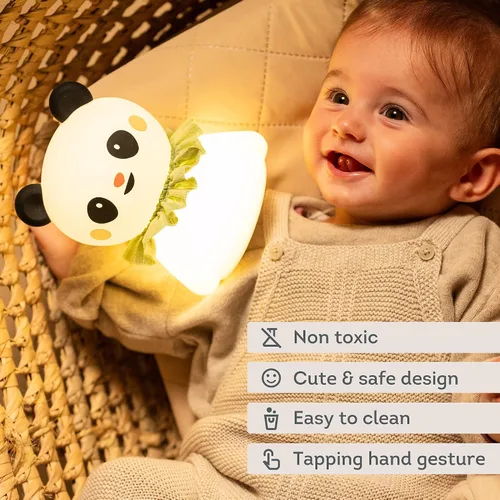 Vista 6 de Taf Toys Luz nocturna de silicona recargable para niños, panda y oso con brillo ajustable, luz de guardería para bebé, control de toque