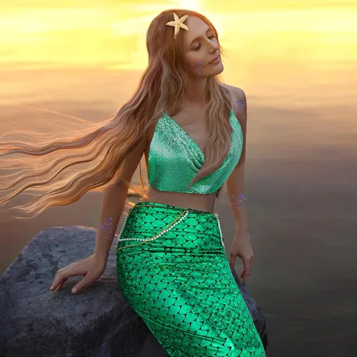 Vista 4 de Jiuguva 5 piezas de disfraz de sirena para mujer, falda de cadena metálica, estrella de mar, clip para el cabello, gel con purpurina para Halloween