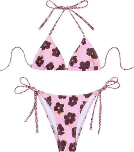 Vista 11 de ZAFUL Bikinis triangulares estampados para mujer, 2 piezas, bikini halter, traje de baño de corte alto, traje de baño con lazo lateral 0-negro a