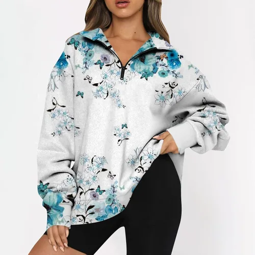 Vista 5 de Nadition Sudadera de manga larga de otoño para mujer, con cremallera de un cuarto, blusas de talla grande para mujer, sudaderas sueltas