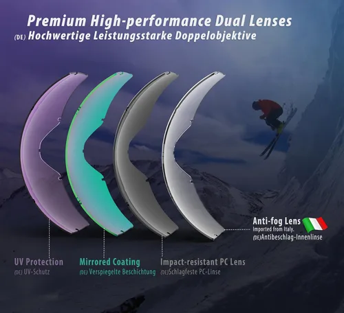 Vista 5 de Gafas de esquí OTG para usar sobre lentes, gafas de nieve y snowboard, para adultos, hombres, mujeres y jóvenes, antiempañamiento, 100% protección