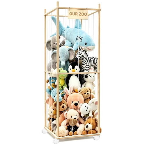 Vista 10 de Almacenamiento de animales de peluche para niños, almacenamiento de zoológico de animales de peluche de madera con ruedas de freno, organizador