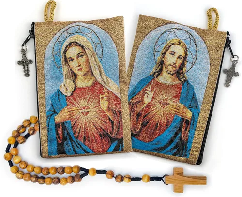 Vista 11 de Bolsa de rosario con cuerda católica de madera de olivo, rosario de Israel, Jesús Rey del Universo y creo en Dios, tela tejida, estilo tapiz, bolsa