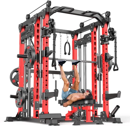 Vista 36 de Rack Multiusos para Sentadillas, Conjunto de Rack de Pesas Smith Machine con Sistema de Crossover de Cables, Racks de Potencia para Gimnasio