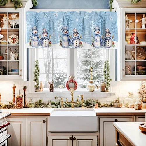 Vista 54 de Cenefa de cortina con lazo rojo de Navidad para ventanas, sala de estar, cocina, baño, granja, bolas de Navidad de acuarela con diseño de bayas