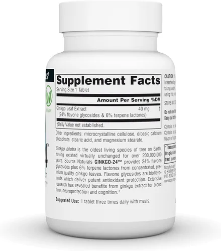 Vista 3 de Source Naturals Ginkgo-24, 40 mg - 120 Tabletas Vegan Ginkgo Biloba Extract, Contains 24% Flavone Glycosides 6% Terpene Lactones to Support Mental
