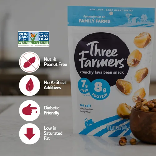 Vista 6 de Three Farmers Paquete variado de habas tostadas Cheddar picante, chile dulce y sal marina Paquete de 0.11 – 4.94 oz Sin gluten Vegano