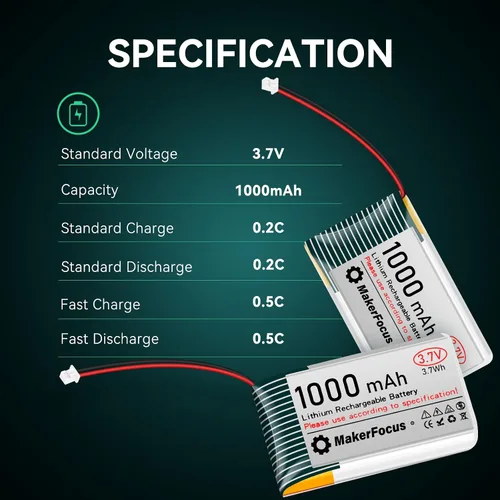 Vista 3 de Batería recargable de polímero de litio de 3.7 V 1000 mAh con placa de protección, cinta de goma aislada y enchufe JST 1.25 para placa de desarrollo