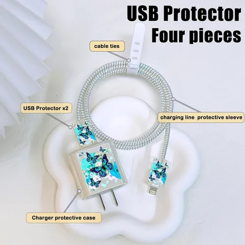 Vista 2 de Bonito protector de cable para cargador de Apple, bonito diseño de flores y mariposas, cable de datos USB, protector de cargador de teléfono
