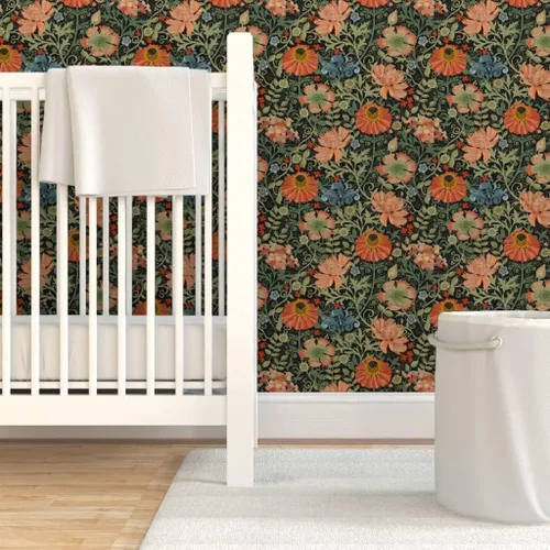 Vista 6 de Papel tapiz para despegar y pegar, diseño Art Nouveau con flores negras, diseño floral, decoración de jardín, papel pintado extraíble Spoonflower
